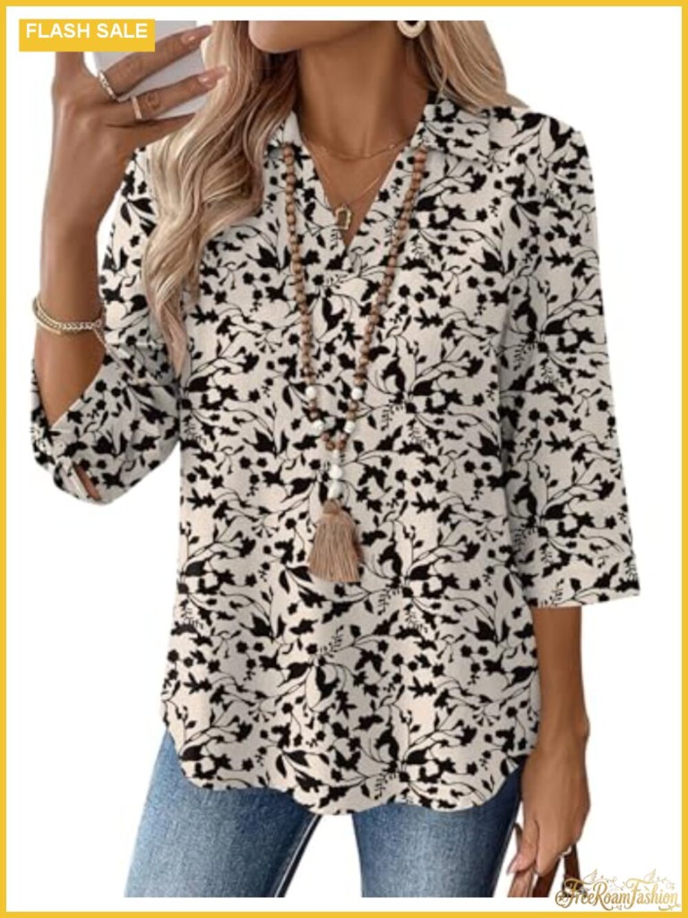 Women's 3/4 Sleeve Cotton Linen V-Neck Collared Blouse Business Casual